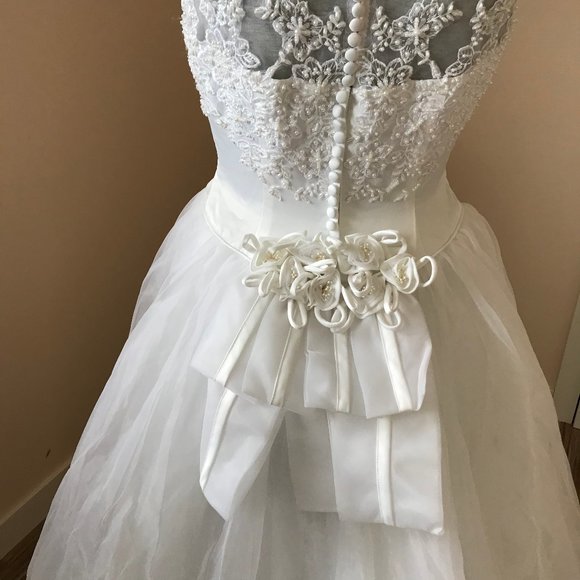 Alfred Angelo Sleeveless Mesh Satin Beaded Bodice Bridal Gown Tulle Skirt Train - Picture 7 of 11